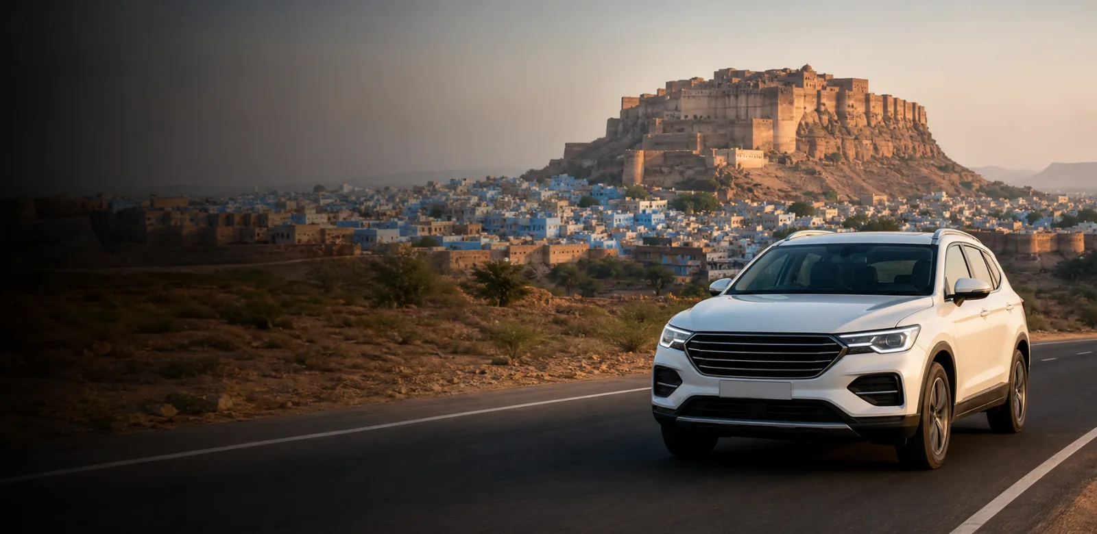Private chauffeur-driven SUV on a Rajasthan road near Jodhpur